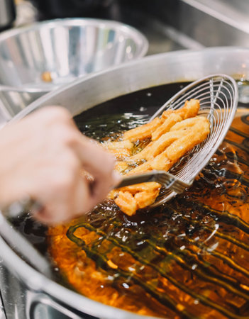 Preparation of fried churros with sugar typical of Spainの写真素材