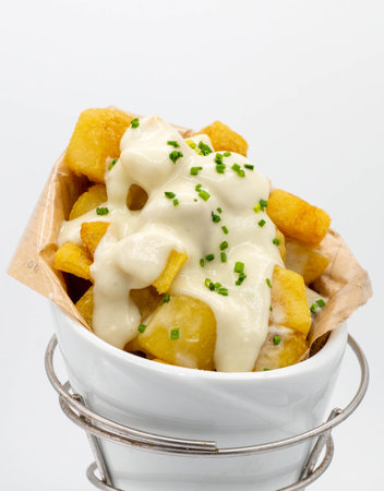 Spanish fries cone with hot sauce, to take away.の写真素材