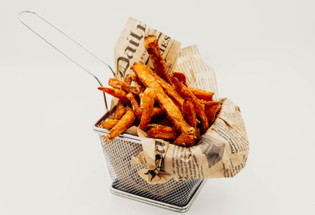 Portion of fried potatoes and sweet potatoes with spicy sauceの写真素材