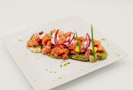 Gourmet plate of salmon and red onion cevicheの写真素材