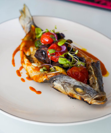 Dish of baked bream with vegetables in a gourmet restaurant
