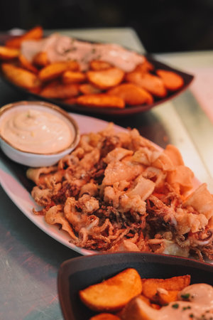 Typical portion of Mediterranean fried calamariの写真素材
