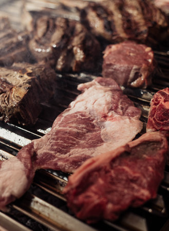 Some excellent pieces of Argentine beef on a charcoal grillの写真素材