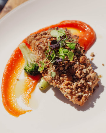 Fried meat with vegetables on a white plate in a restaurant.の写真素材