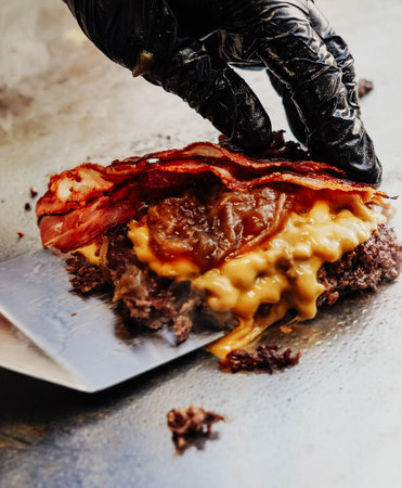 100% beef burgers on the griddle in a cafeteriaの写真素材