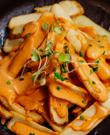 French fries with American style cheddar cheeseの写真素材