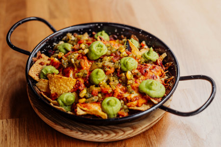 Plate of nachos with meat, cheese and guacamoleの写真素材