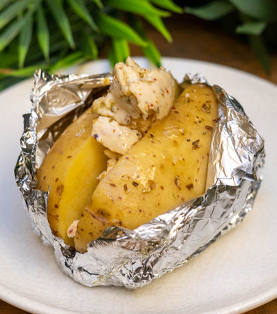 Potato roasted over fire with butterの写真素材