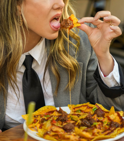 Young woman eating nachos with cheese in a restaurant. Fast food concept.の写真素材