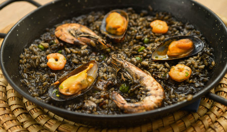 Paella with mussels and shrimps in a panの写真素材