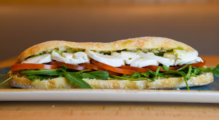 Ciabatta sandwich with mozzarella, tomatoes and arugulaの写真素材