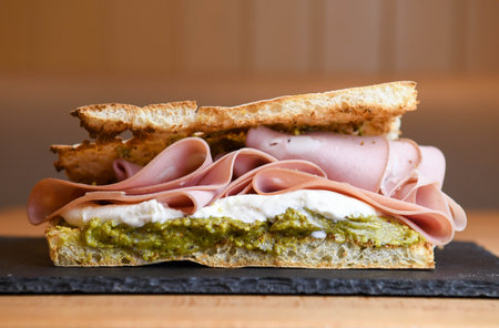 focaccia sandwich with mortadella, burrata and pestoの写真素材