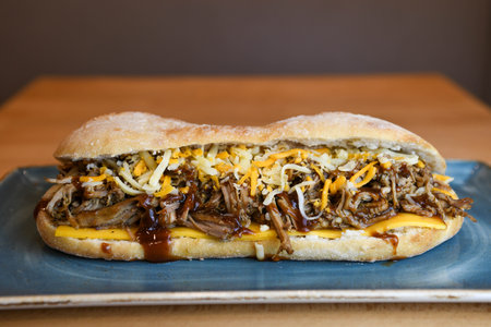 Close up of hamburger with cheese and onion on wooden table.