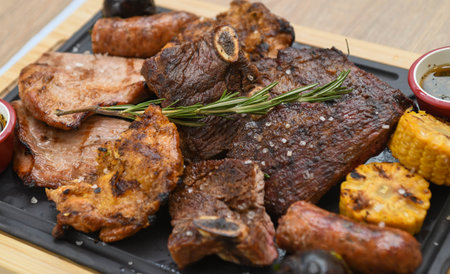 close up of a plate of grilled meat with sauce on wooden backgroundの写真素材