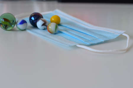 Schools supplies on white background in pandemic time