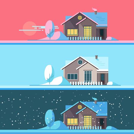 Winter home in the afternoon, night and night. Family suburban home. Vector flat illustration.のイラスト素材