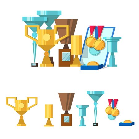 Vector illustration of set of awards, medals, diplomas and award certificate. Gold and silver cups award trophy and medals for the winner. Vector stok illustrationのイラスト素材