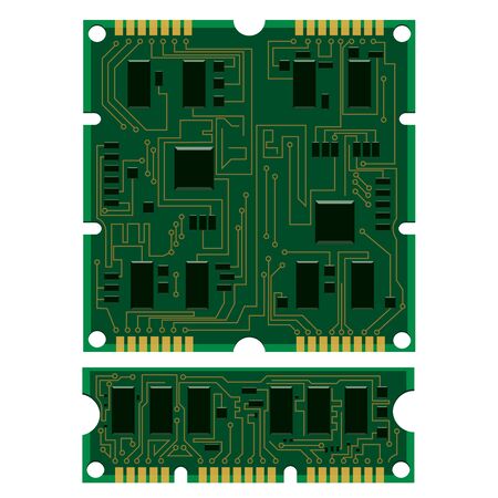Vector illustration set electric circuit board, various IC chips and electronic components. Green RAM memory chip on white background. Circuit board different isolatedのイラスト素材