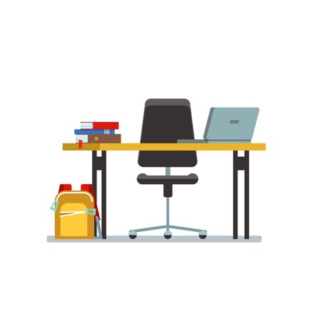The workplace of the student with laptop, books and school bag in class isolated. illustration of school workplace on white background.のイラスト素材