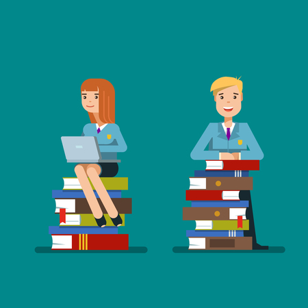 Student sitting on a stack of books with laptop isolated on blue background. Vector illustration flat design concept educationのイラスト素材