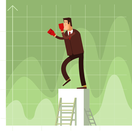 Businessman in red boxing gloves protected against business competitors. Vector flat illustration of a business concept competition backgroundのイラスト素材