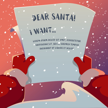Christmas Greeting Card. Santa Claus is holding in his hands a letter reads a letter from the children's desires. Vector cartoon illustrationのイラスト素材