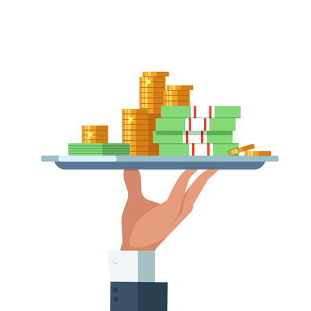 Design concept of easy money. Vector illustration of business hand with plate with money on white background. Get creditのイラスト素材