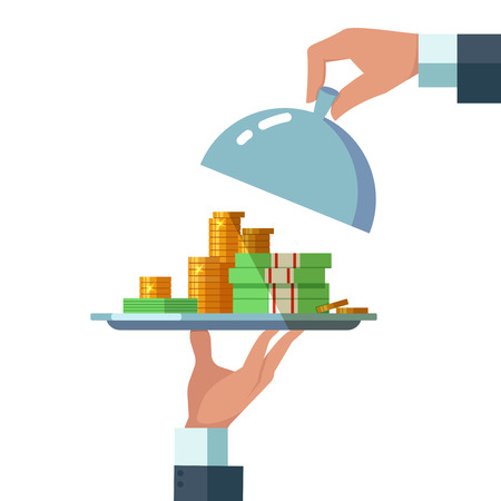 Design concept of easy money. Vector illustration of business hand with plate with money on white background. Get creditのイラスト素材