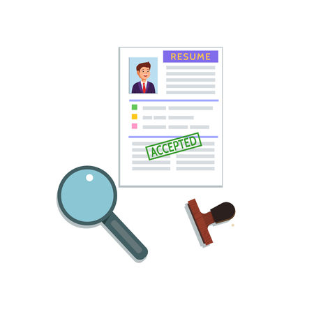 Vector flat illustration of a resume cv icon on white background. Recruiting, employment, human resources, team management, accepted concept.のイラスト素材