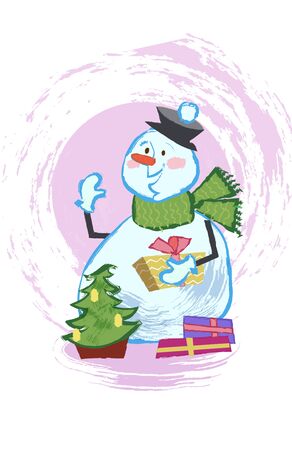 Funny Christmas snowman with Christmas gifts on white background. Vector cartoon illustration in hand draw style.Christmas snowman isolatedのイラスト素材