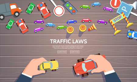 Traffic laws template with play car, road symbols. Vector illustration of hand control car top view concept in flat style.のイラスト素材