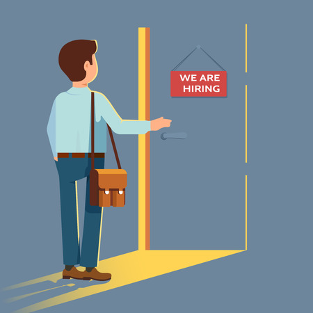 Vector flat illustration of man in business clothes opens the door with a sign We are hiring. Concept search worksのイラスト素材