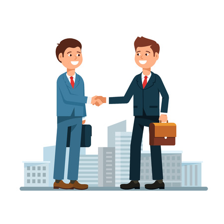 The meeting of two businessmen and business handshake on cityscape background. Couple young man in a business suit shaking hand in greeting to the partner. Stock vector illustration flat styleのイラスト素材