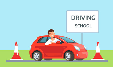 Vector illustration of happy young man siting in red driving school car outdoor in flat style. Design concept drivers education.のイラスト素材