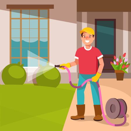 The young man father standing in the courtyard of his houses, watering the lawn. home and garden improvement.Landscape Gardener works. Vector illustration in flat styleのイラスト素材