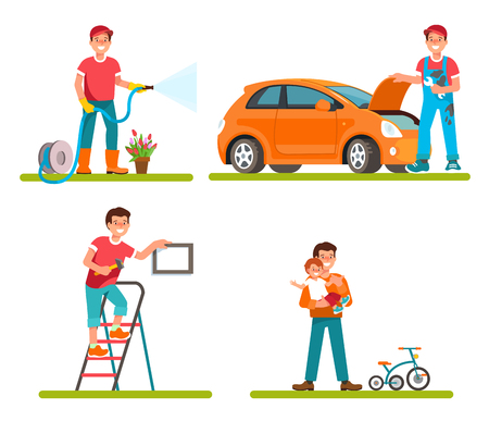 Vector ilustration of father householder isolated flat style. Dad repair machine, watering plants in garden, makes repairs at home, leisure time with child.のイラスト素材