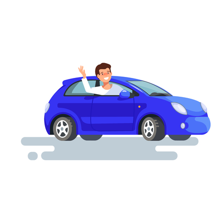 Vector flat illustration of happy man driver waved his hand sitting in his blue car. Design concept of buy a new carのイラスト素材