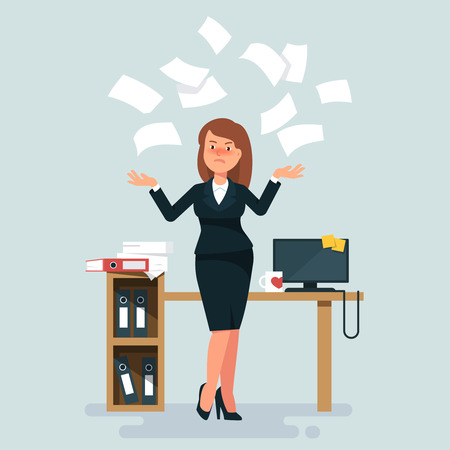 Vector illustration of stressed businesswoman throws in the air of office paper workplace on blue background. Concept of angry and exasperated employeeのイラスト素材
