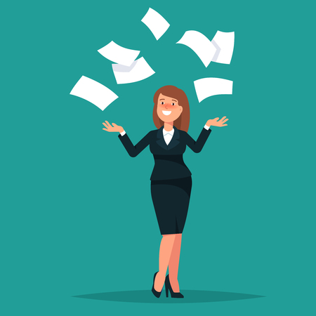 Vector illustration of happy businesswoman celebrates success throws in the air of office paper on blue background. Concept of success, achievement flat styleのイラスト素材