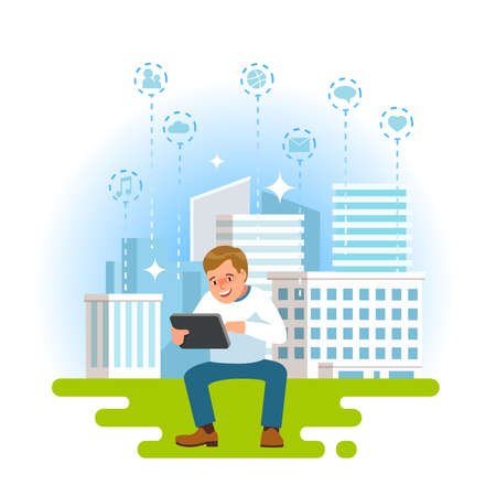 Vector illustration young smile man with gadgets tablet on city building white background. Social media communication internet network connection smart city icon isolated flat styleのイラスト素材