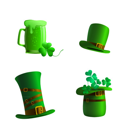 Set of a leprechaun hat and glass of beer on a white background. Green hat leprechaun and glass of beer for St. Patrick's Day. Elements  isolated for a card or  illustration to the St. Patrick's Dayのイラスト素材