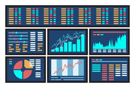 Concept of blue computer display screen with stock market graph diagram information. Vector illustration of business company financial balance stock exchange marketのイラスト素材