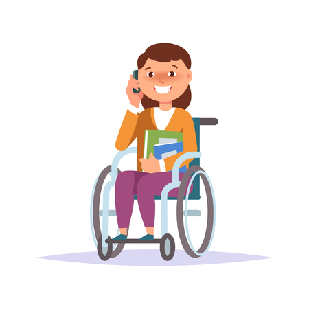 Vector illustration of disabled kid girl student in child wheelchair with texbook and gadget isolated.のイラスト素材