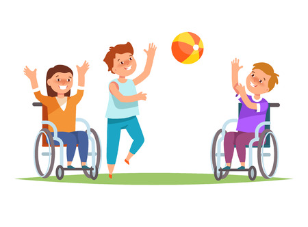 Group happy disabled kids in child wheelchair play together friends with ball.のイラスト素材