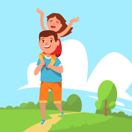 Happy family father and daughter walking in the park outdoors together outside the city. Smiling dad runs and carries small child on shoulders. Vector illustration family leisure activity flat styleのイラスト素材