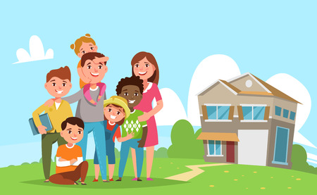 Big international family with adopted child standing together in the background of his family house. Vector illustration flat styleのイラスト素材