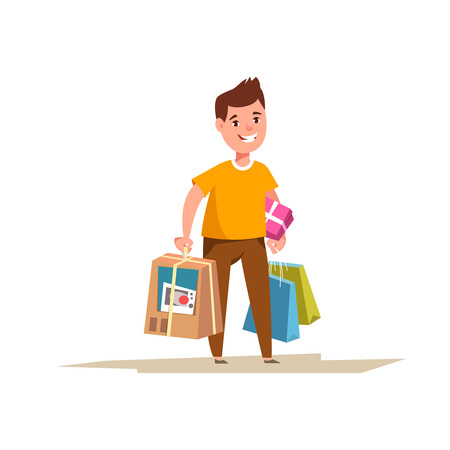 Happy customer with shopping bags and boxes of goods in the hands. Joyful man with a large sale purchases isolated cartoon style. Big sale conceptのイラスト素材