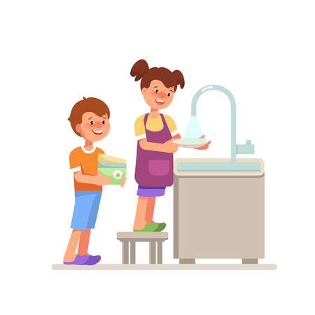 Vector illustration smiling couple child girl boy washing up cartoon flat style. Kid housework washing dishes isolated white background in bright colors.のイラスト素材