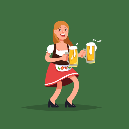 Vector illustration fun germany girl waitress in traditional costume with beer mug cartoon style. Oktoberfest beer festivalのイラスト素材