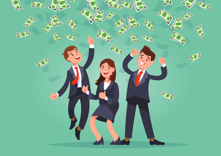 Vector illustration of happy business team celebrates success standing under money rain banknotes cash falling on blue background. Young man and woman hands raised high and catches billsのイラスト素材